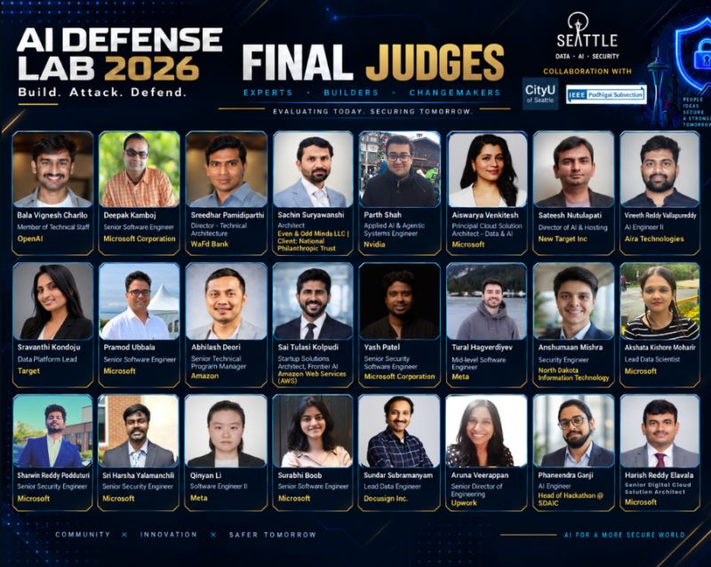 AI Defense Lab 2026 final judges poster featuring Deepak Kamboj and fellow judges